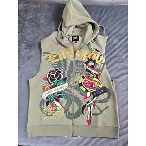 Ed Hardy Jacket Vest Mens Medium Full Zip Sleeveless Dagger Tattoo Snake Hoodie